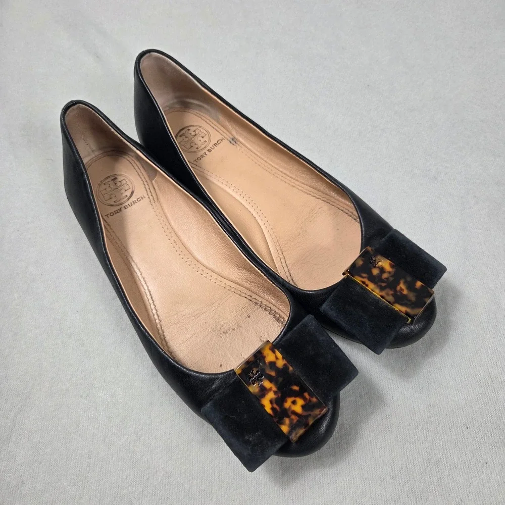Tory Burch Black Leather Ballet Flats Tortoiseshell Bow Logo Buckle Womens 6M